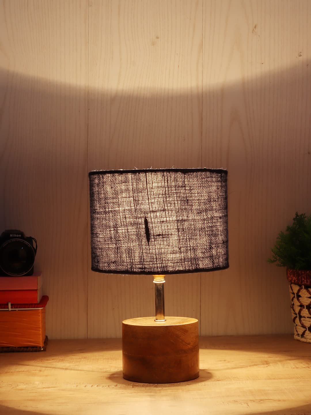 Wood Table lamp with Blue Jute Shade