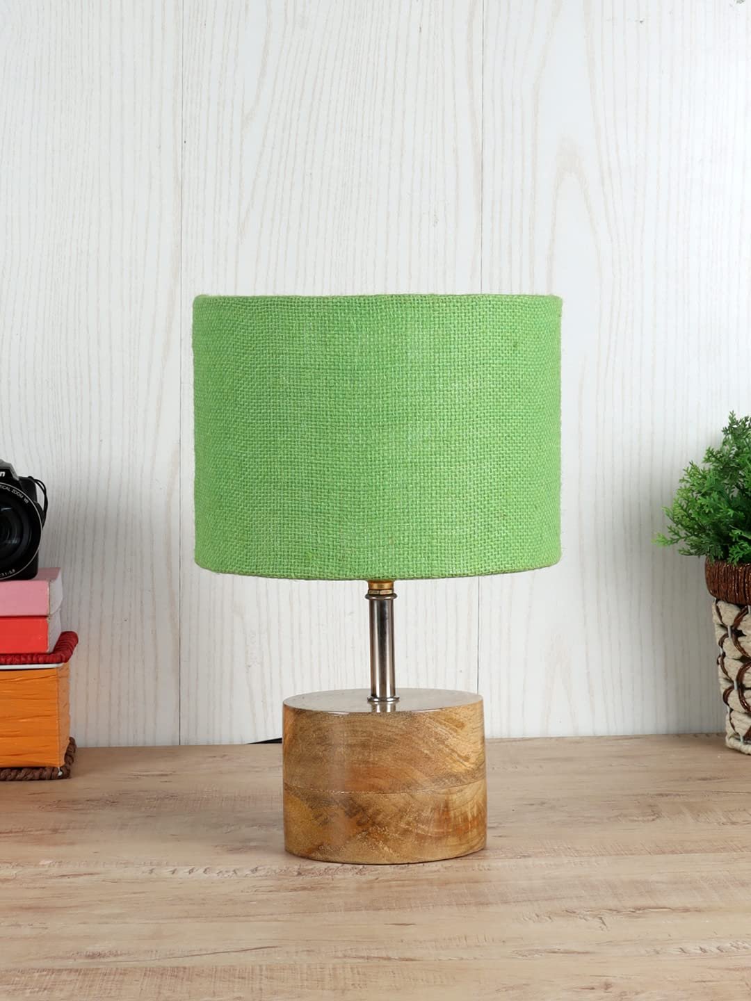 Wood Table lamp with Green Jute Shade
