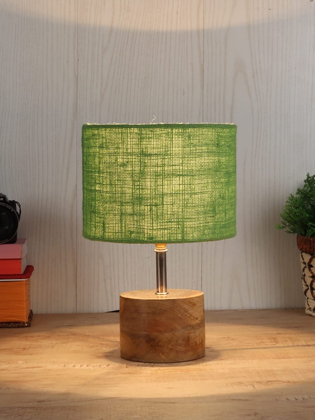 Wood Table lamp with Green Jute Shade
