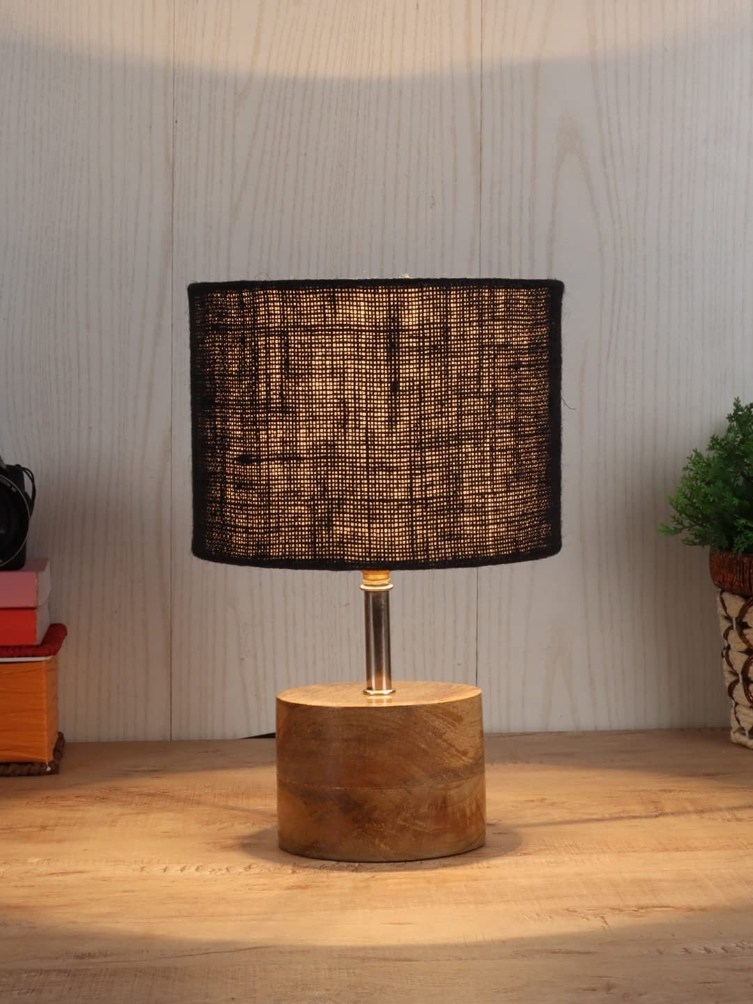 Wood Table lamp with Black Jute Shade