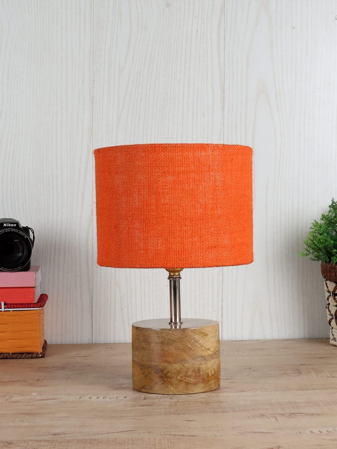 Wood Table lamp with Orange Jute Shade