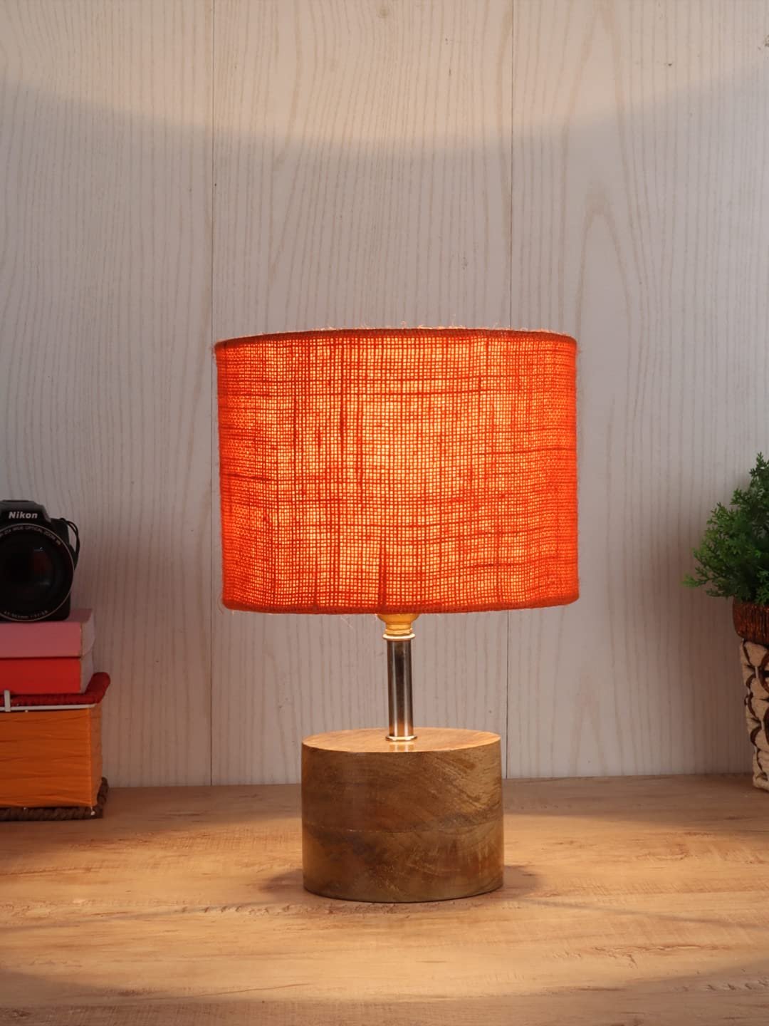 Wood Table lamp with Orange Jute Shade