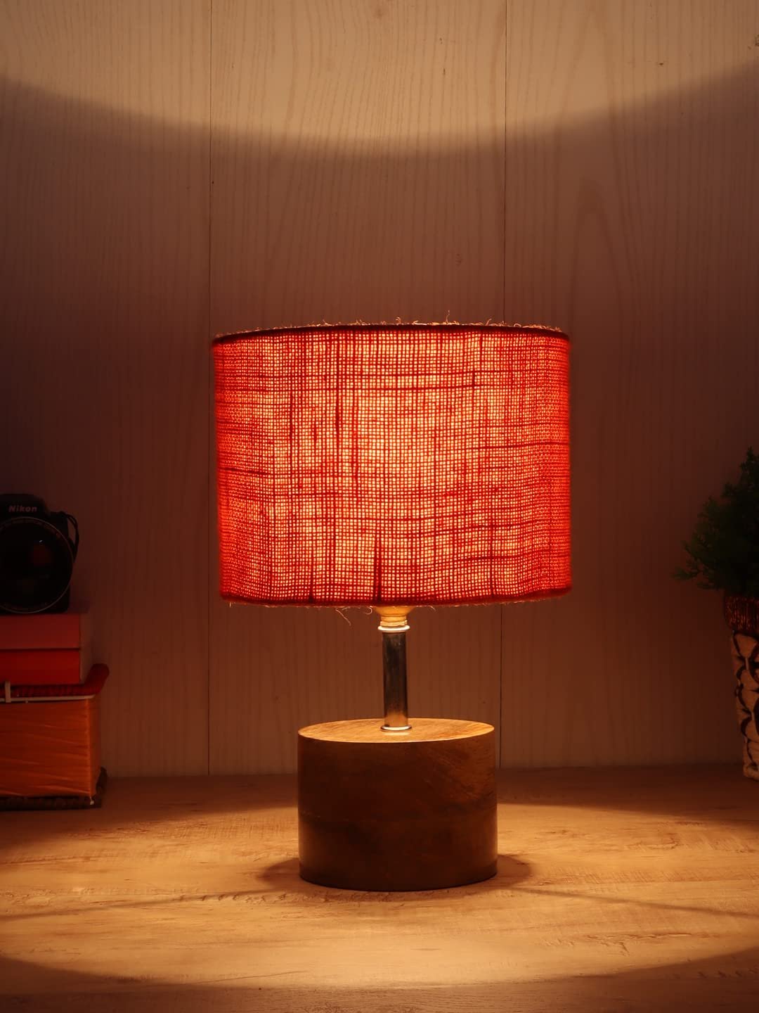 Wood Table lamp with Orange Jute Shade