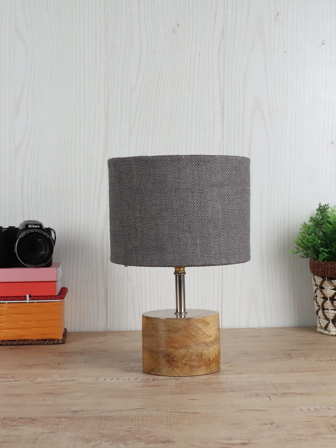 Wood Table lamp with Grey Jute Shade