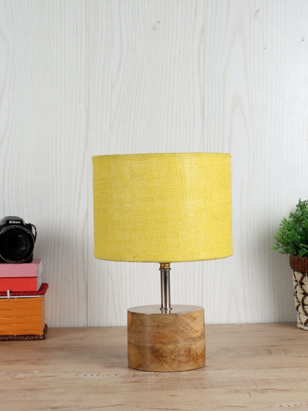 Wood Table lamp with Yellow Jute Shade