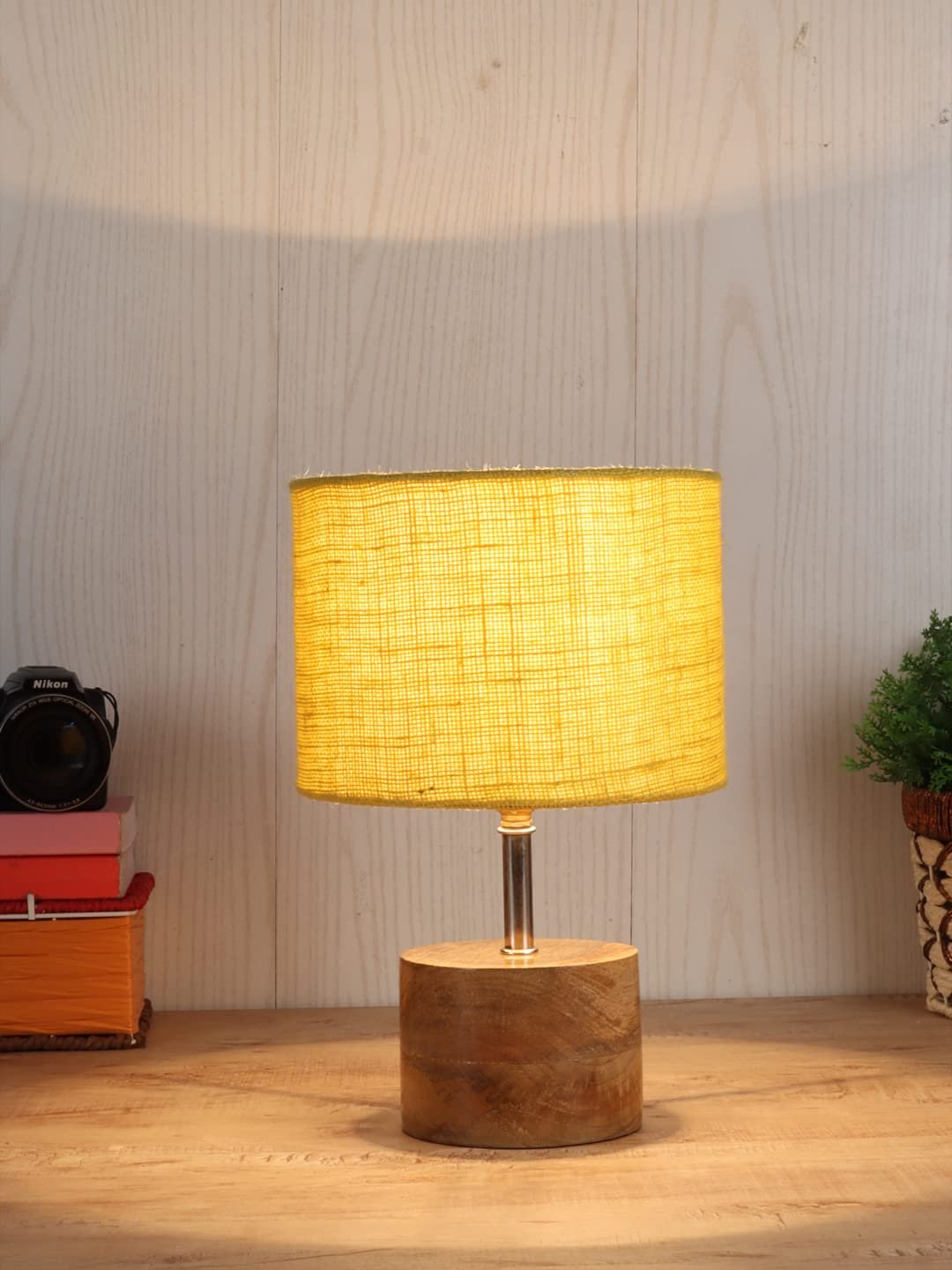 Wood Table lamp with Yellow Jute Shade