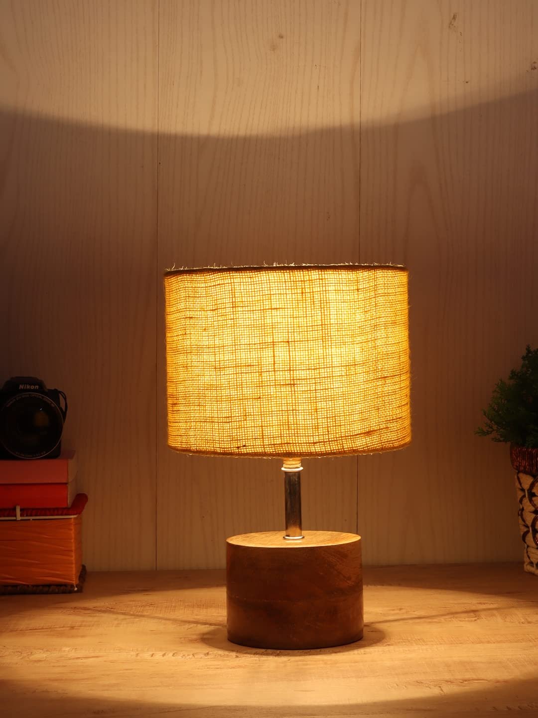 Wood Table lamp with Yellow Jute Shade