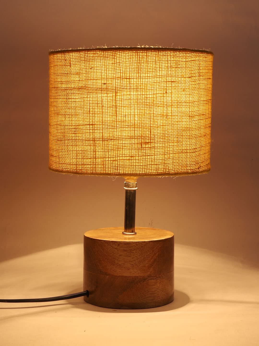 Wood Table lamp with Yellow Jute Shade