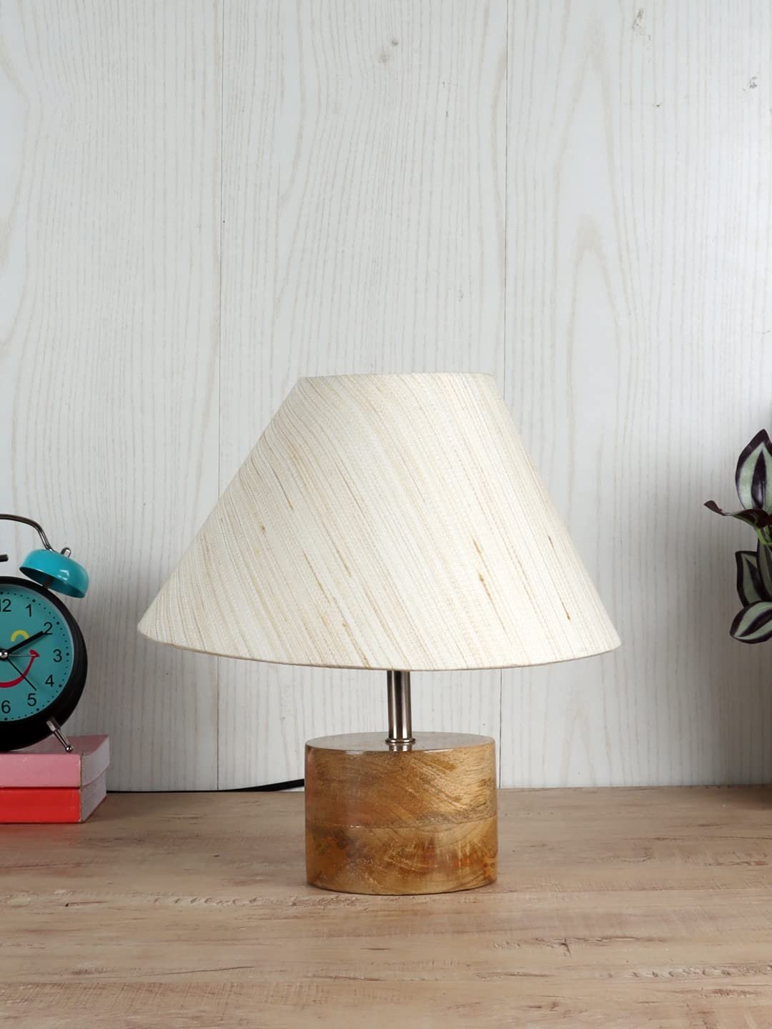 Wood Table lamp with Off-White Cotton Shade
