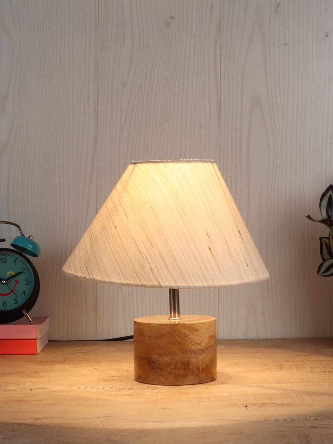 Wood Table lamp with Off-White Cotton Shade