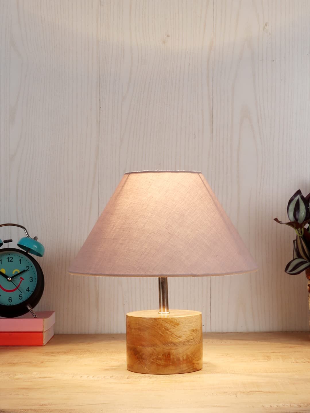 Wood Table lamp with Grey Cotton Shade