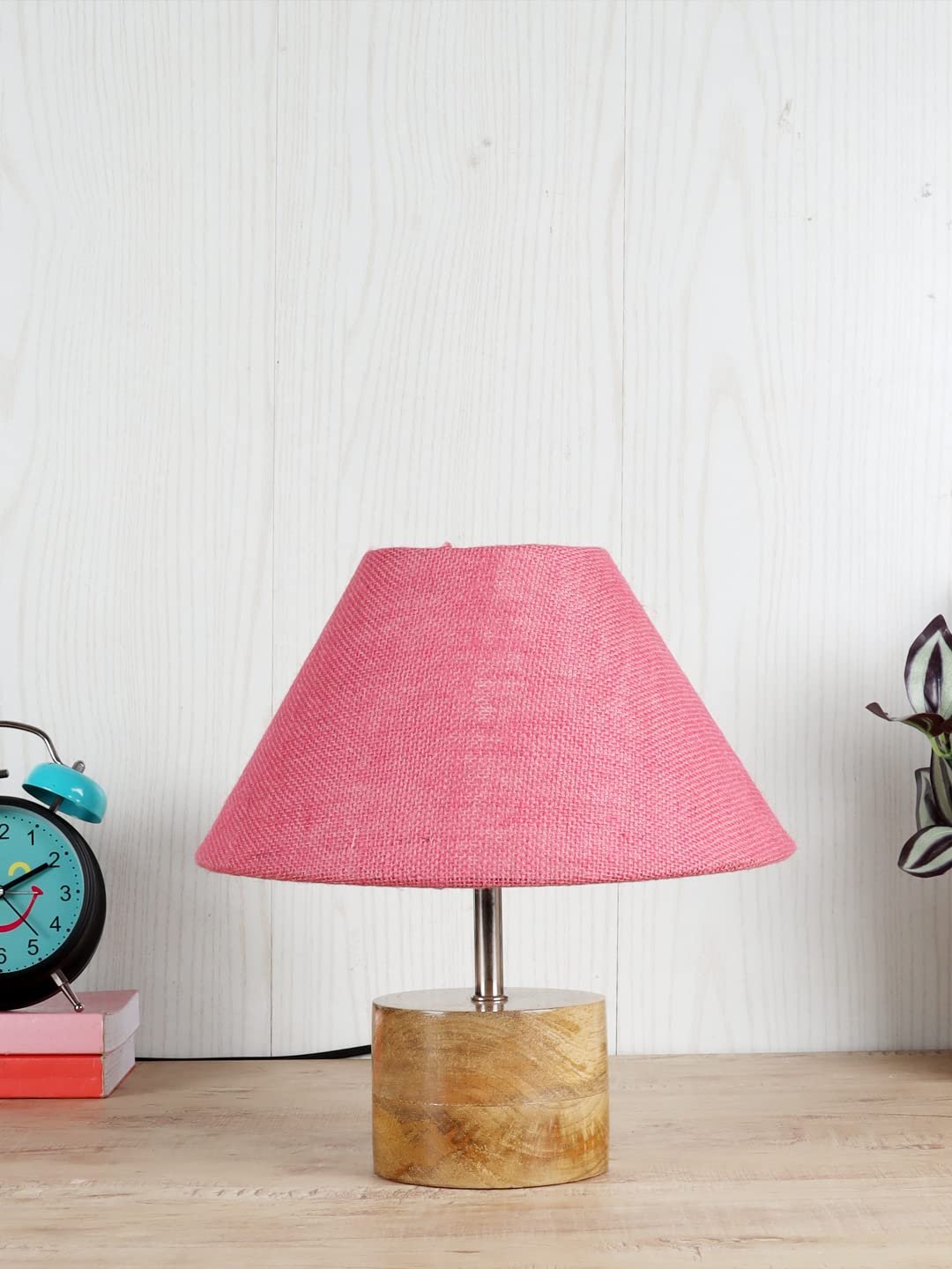 Wood Table lamp with Pink Jute Shade