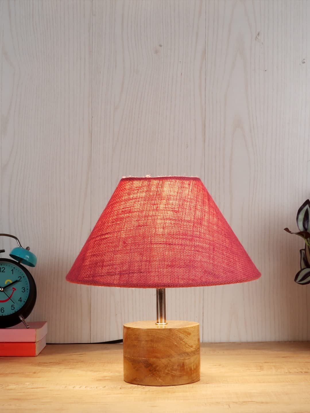 Wood Table lamp with Pink Jute Shade