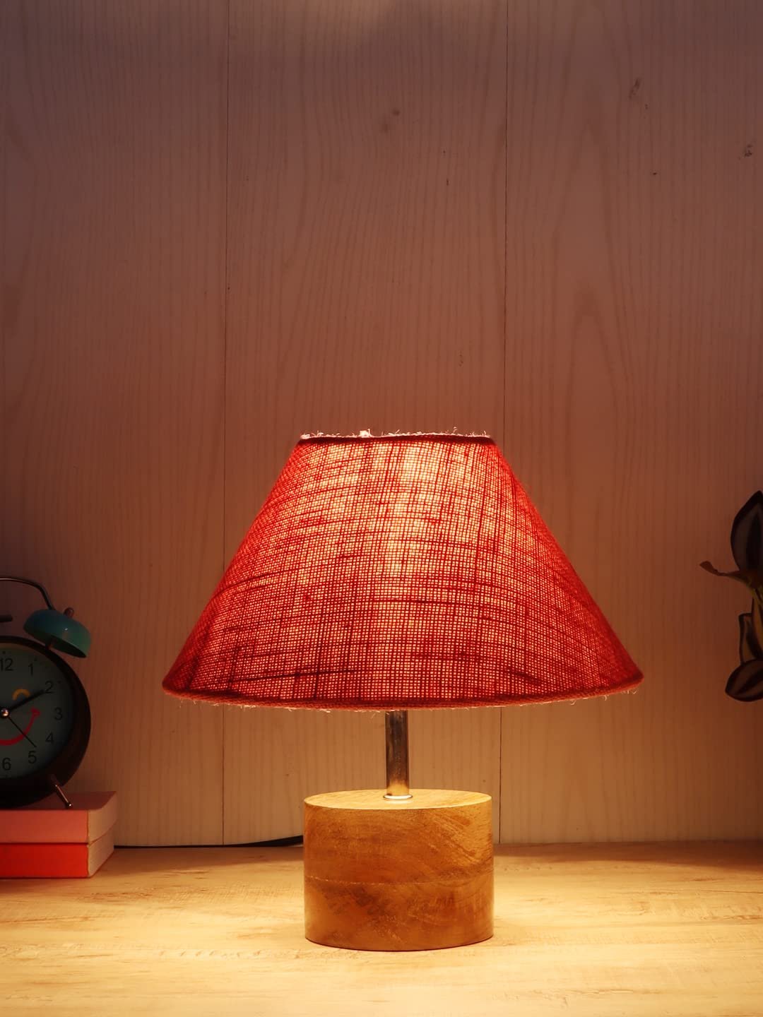 Wood Table lamp with Pink Jute Shade