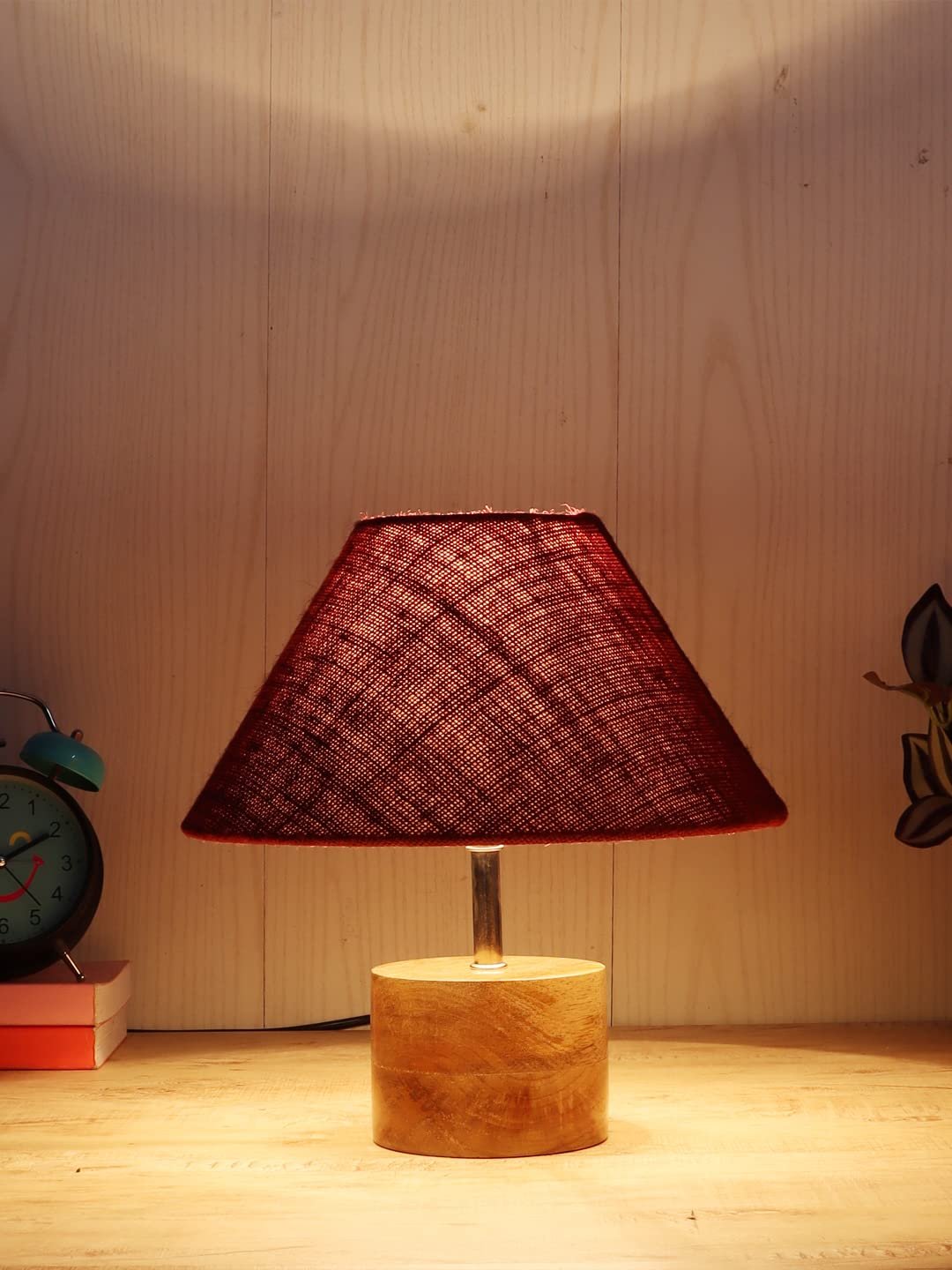 Wood Table lamp with Maroon Jute Shade