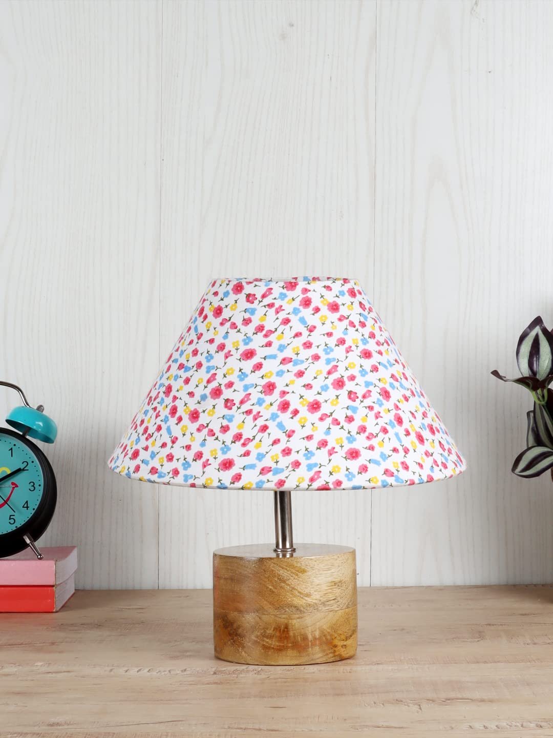 Wood Table lamp with Multicolor Cotton Shade