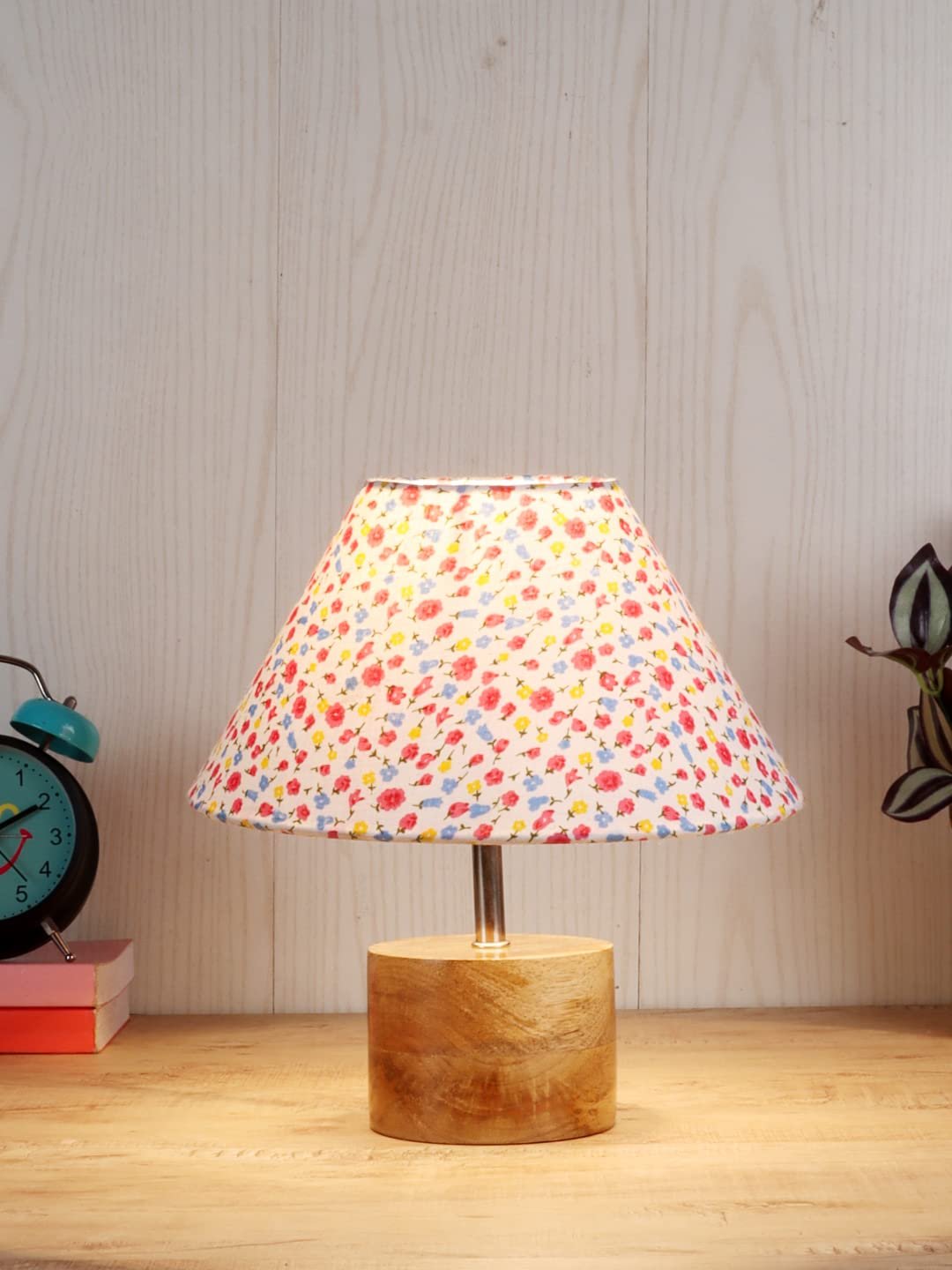 Wood Table lamp with Multicolor Cotton Shade