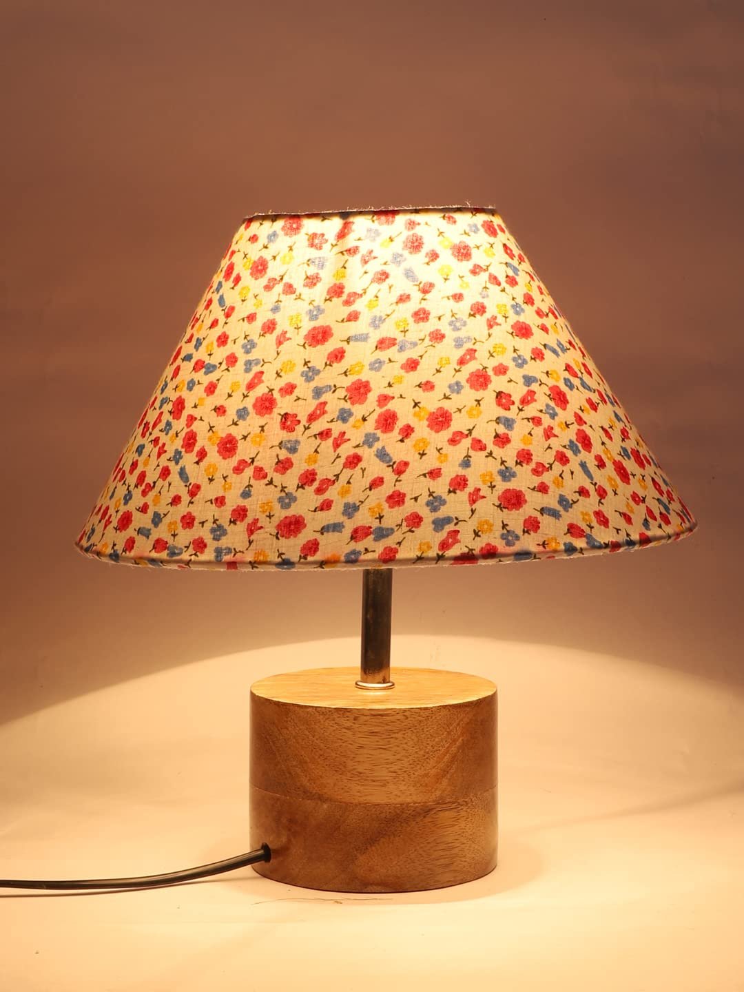 Wood Table lamp with Multicolor Cotton Shade