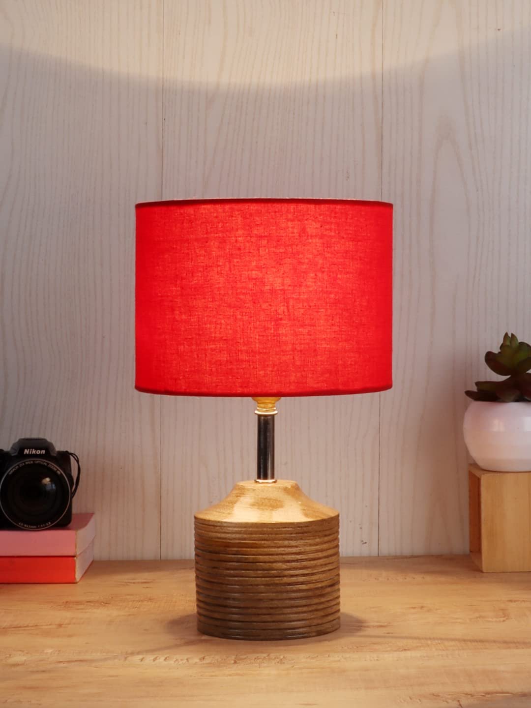 Wood Table lamp with Red Cotton Shade