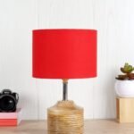Wood Table lamp with Red Cotton Shade