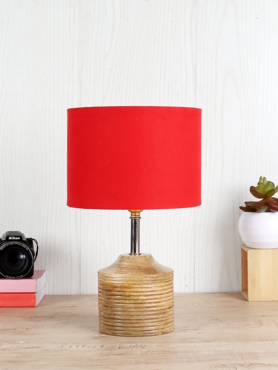 Wood Table lamp with Red Cotton Shade