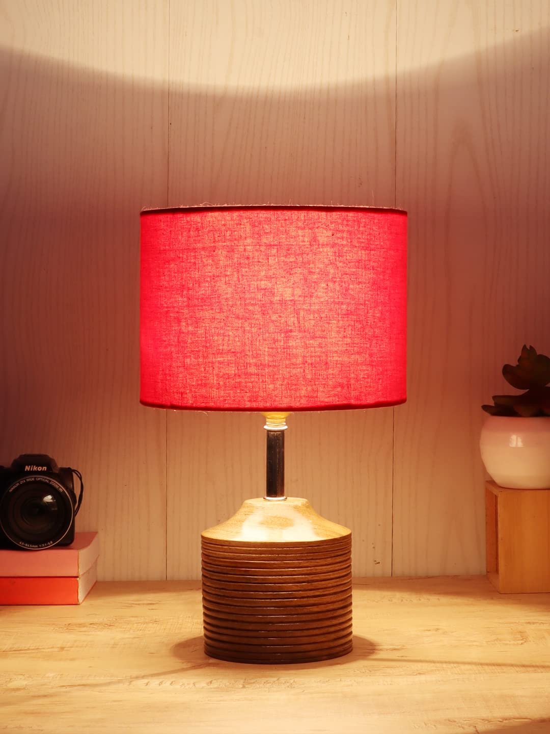 Wood Table lamp with Red Cotton Shade