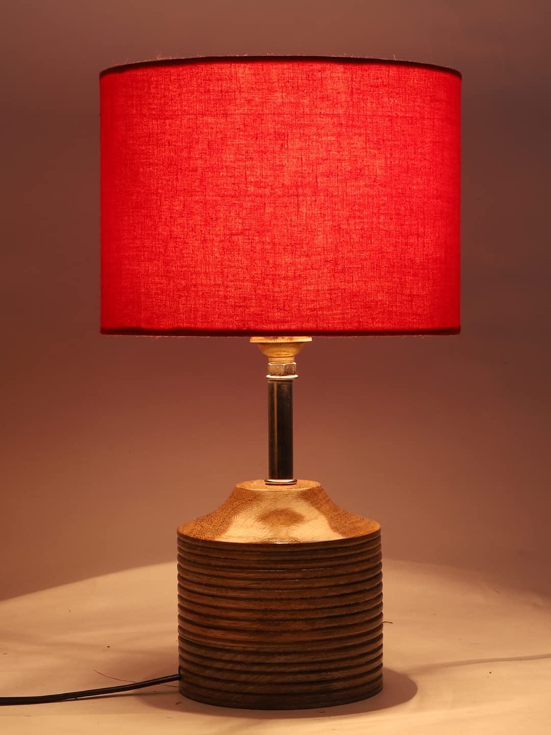 Wood Table lamp with Red Cotton Shade