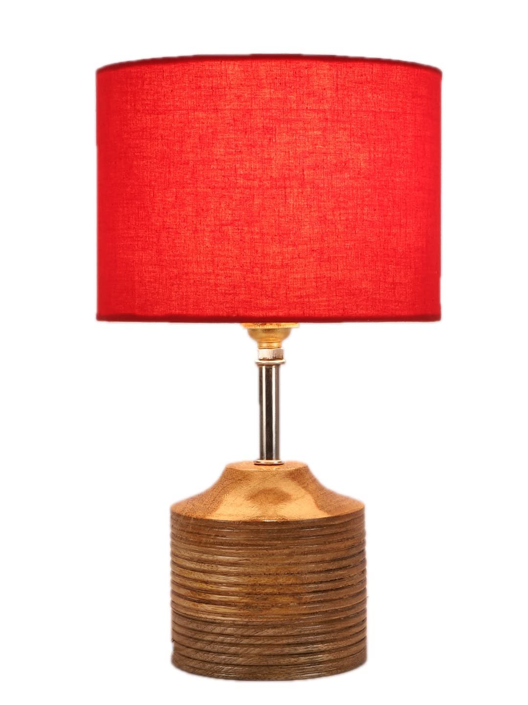 Wood Table lamp with Red Cotton Shade