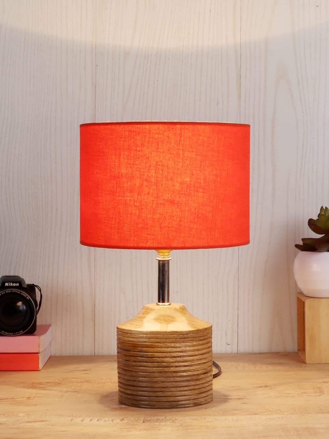 Wood Table lamp with Orange Cotton Shade