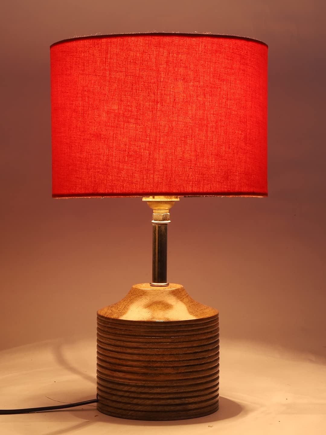 Wood Table lamp with Orange Cotton Shade