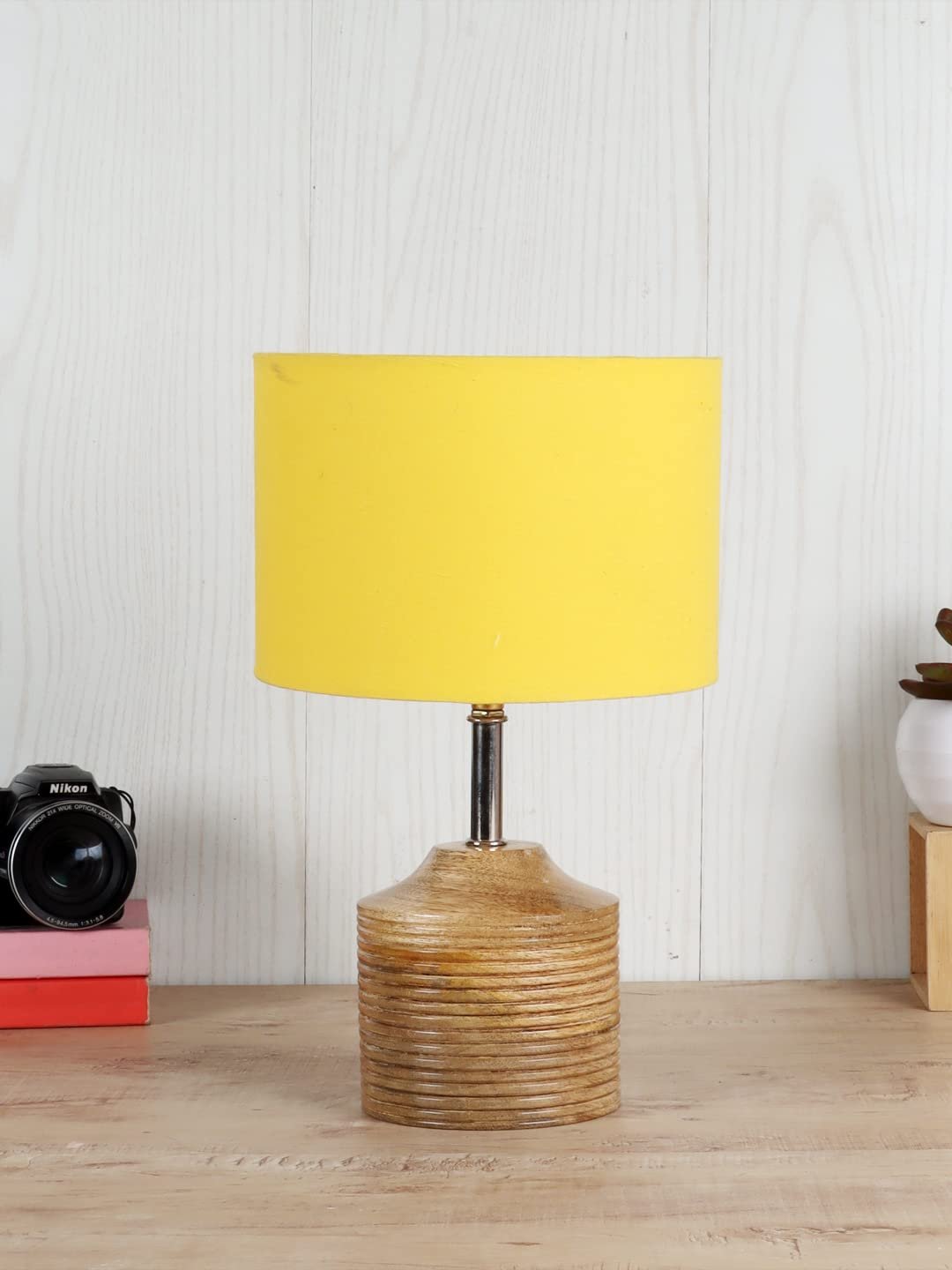 Wood Table lamp with Yellow Cotton Shade