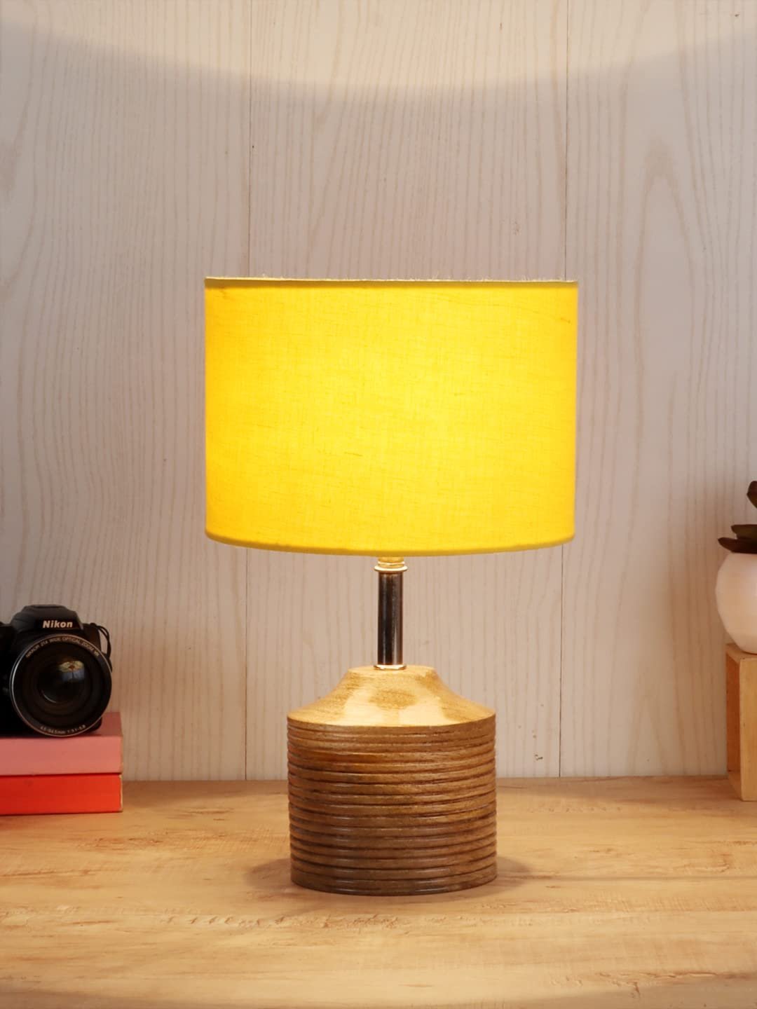Wood Table lamp with Yellow Cotton Shade