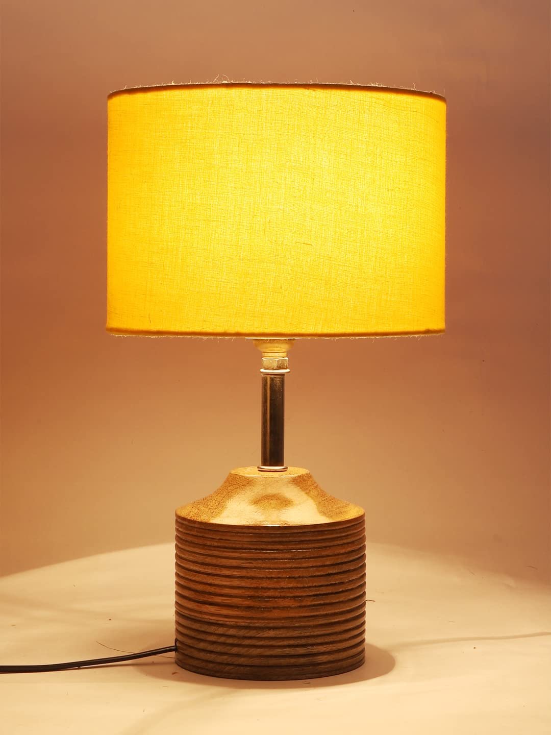 Wood Table lamp with Yellow Cotton Shade