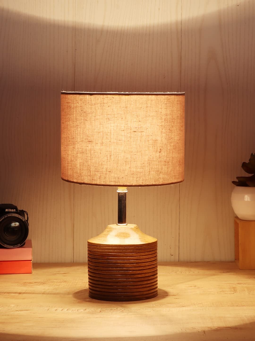 Wood Table lamp with Grey Cotton Shade