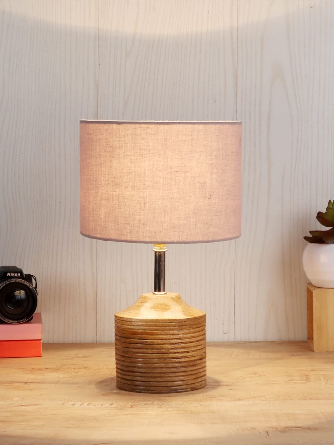 Wood Table lamp with Grey Cotton Shade