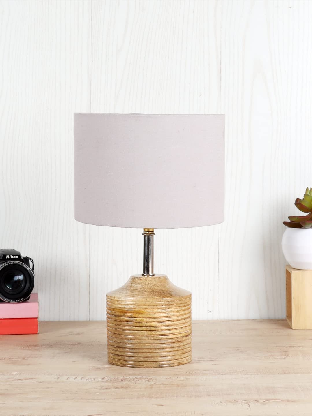 Wood Table lamp with Grey Cotton Shade