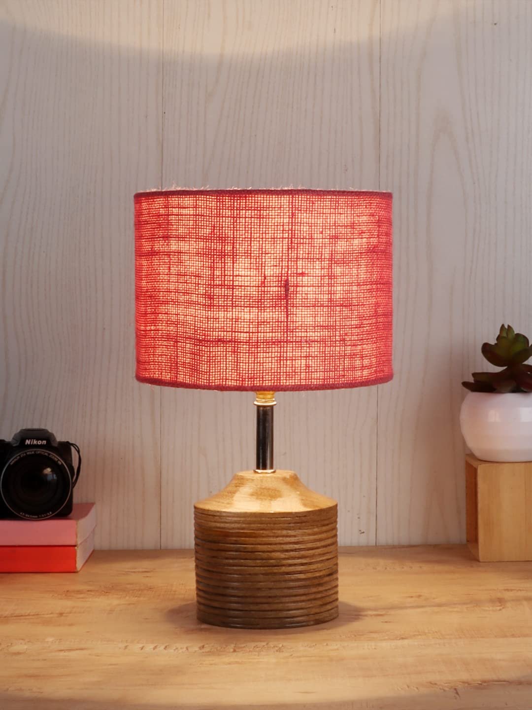 Wood Table lamp with Pink Jute Shade