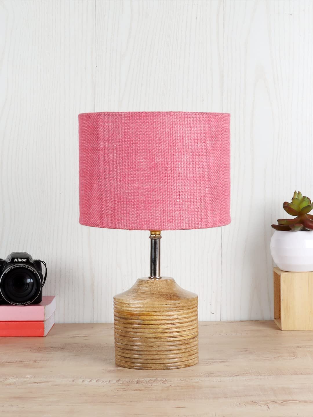 Wood Table lamp with Pink Jute Shade