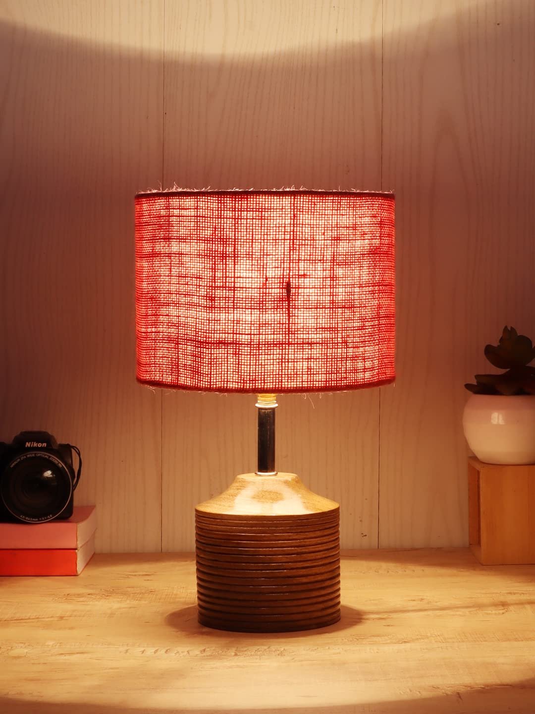 Wood Table lamp with Pink Jute Shade