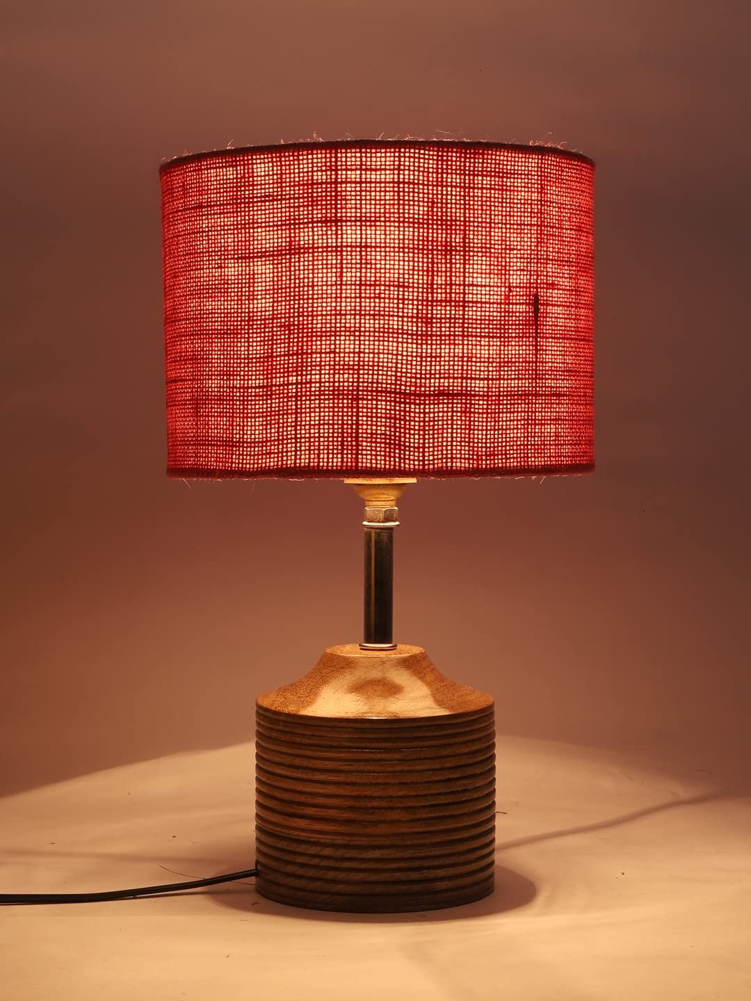 Wood Table lamp with Pink Jute Shade