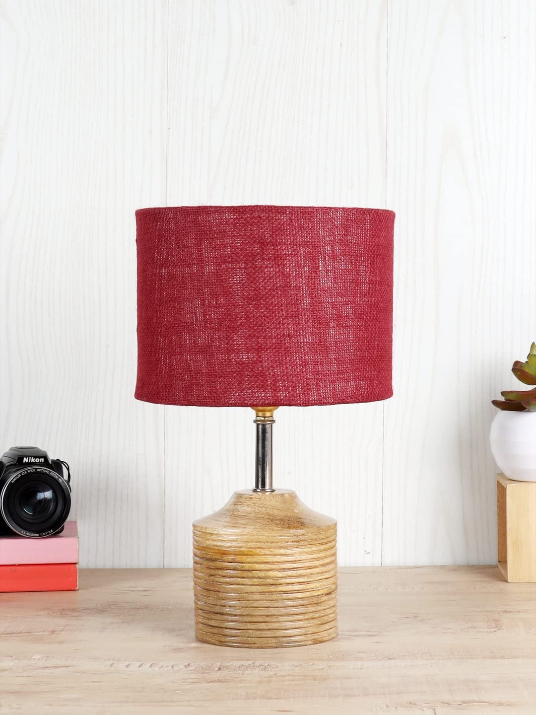 Wood Table lamp with Maroon Jute Shade