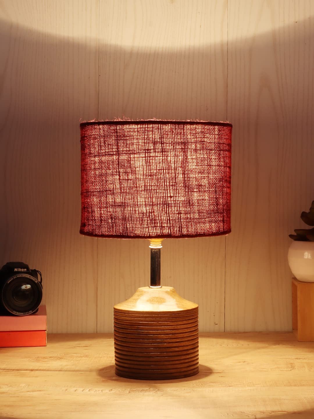 Wood Table lamp with Maroon Jute Shade