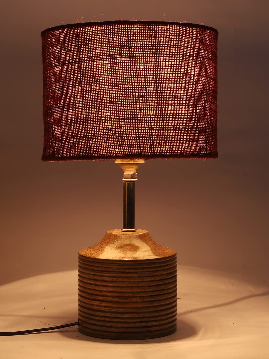 Wood Table lamp with Maroon Jute Shade