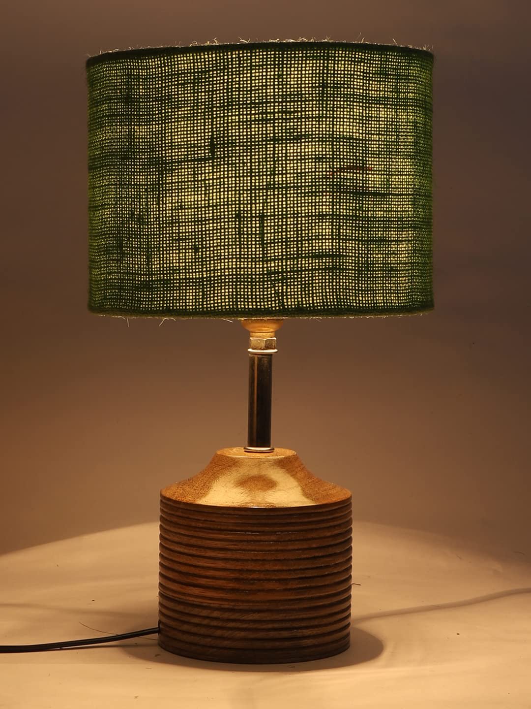 Wood Table lamp with Green Jute Shade
