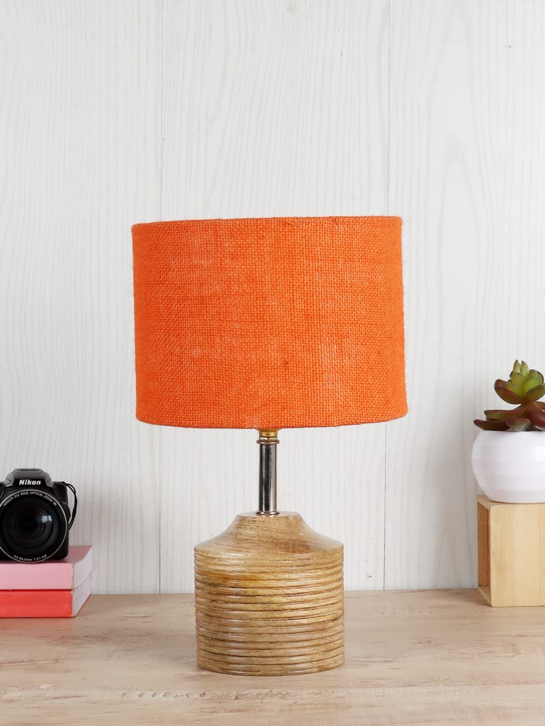 Wood Table lamp with Orange Jute Shade