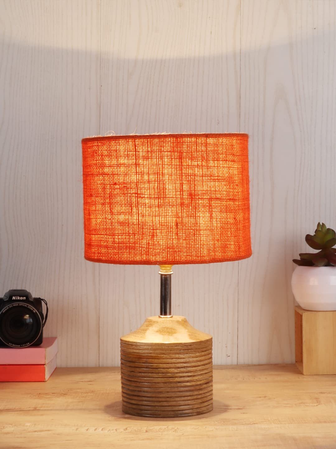 Wood Table lamp with Orange Jute Shade