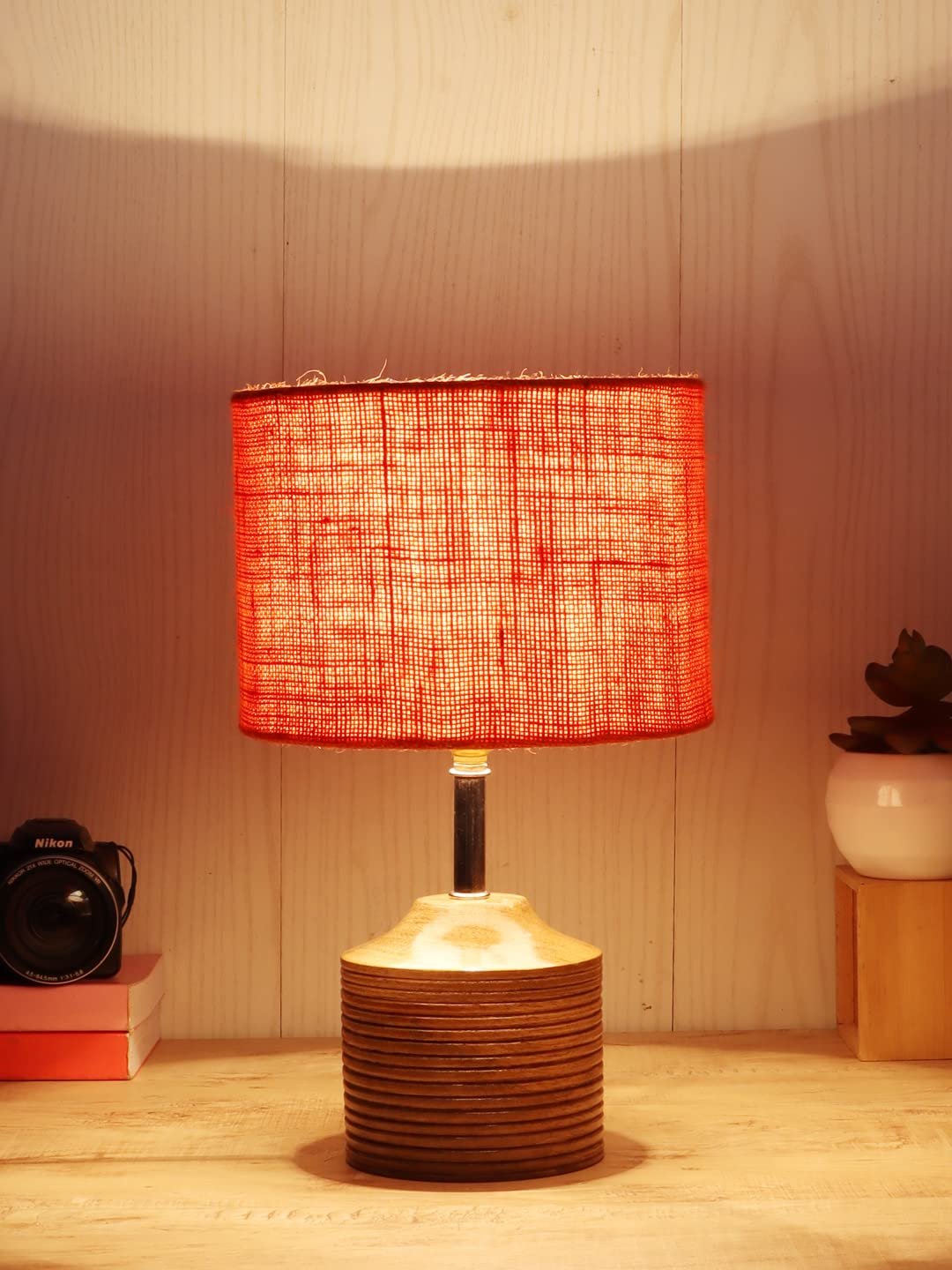 Wood Table lamp with Orange Jute Shade