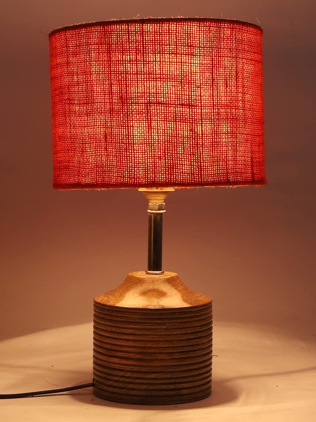 Wood Table lamp with Orange Jute Shade
