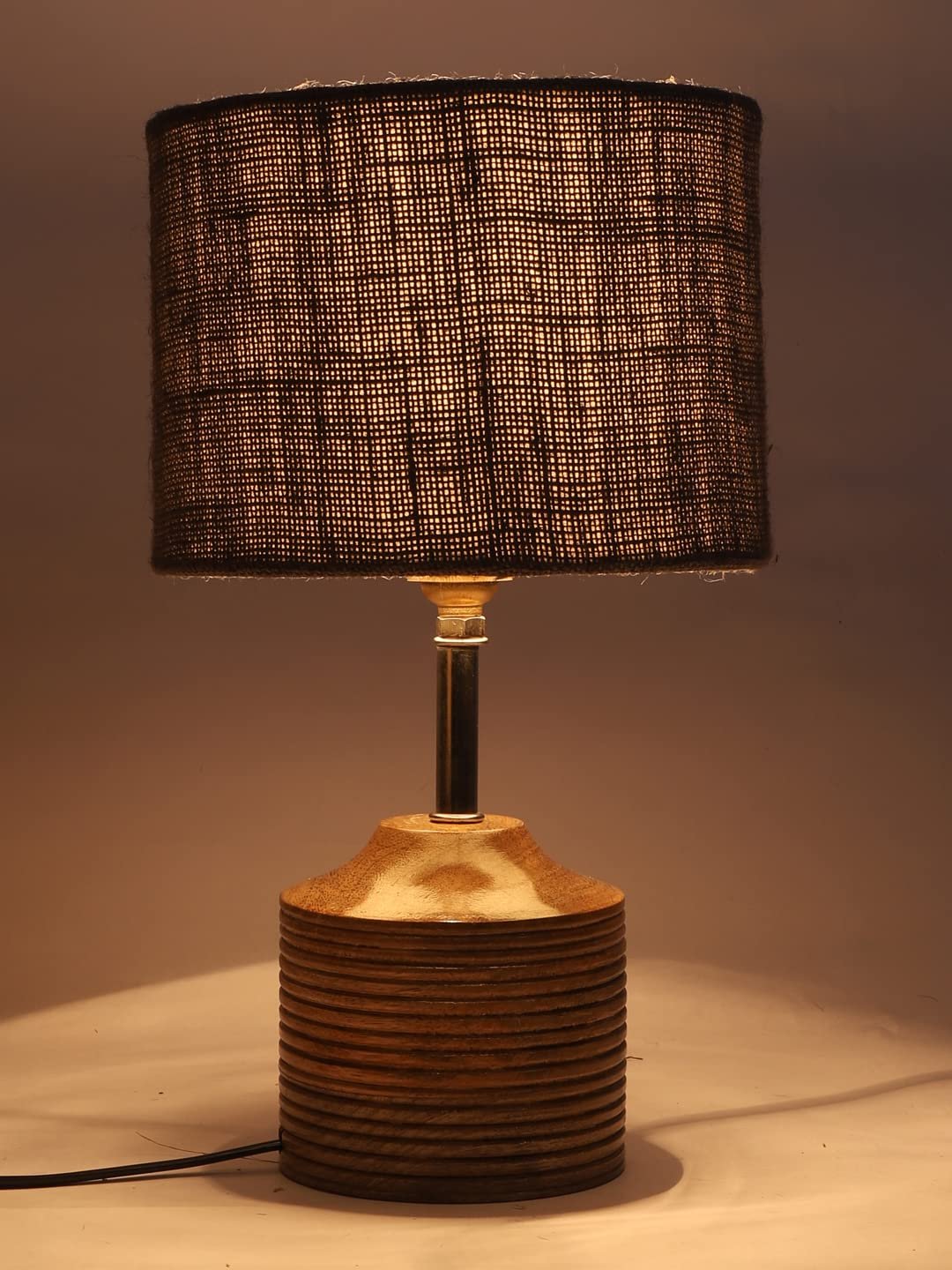 Wood Table lamp with Grey Jute Shade