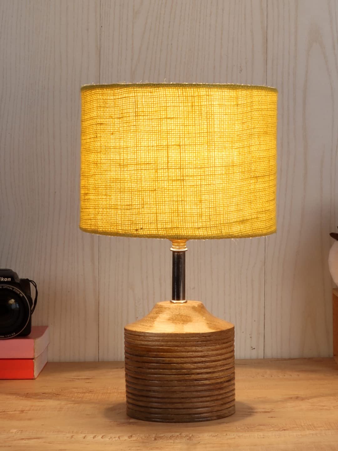 Wood Table lamp with Yellow Jute Shade